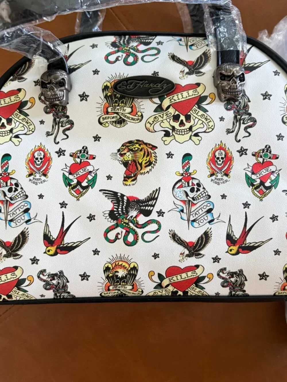 Ed Hardy White Tattoo-Print Insulated Crossbody Lunch Tote Bag NWT back 2 school